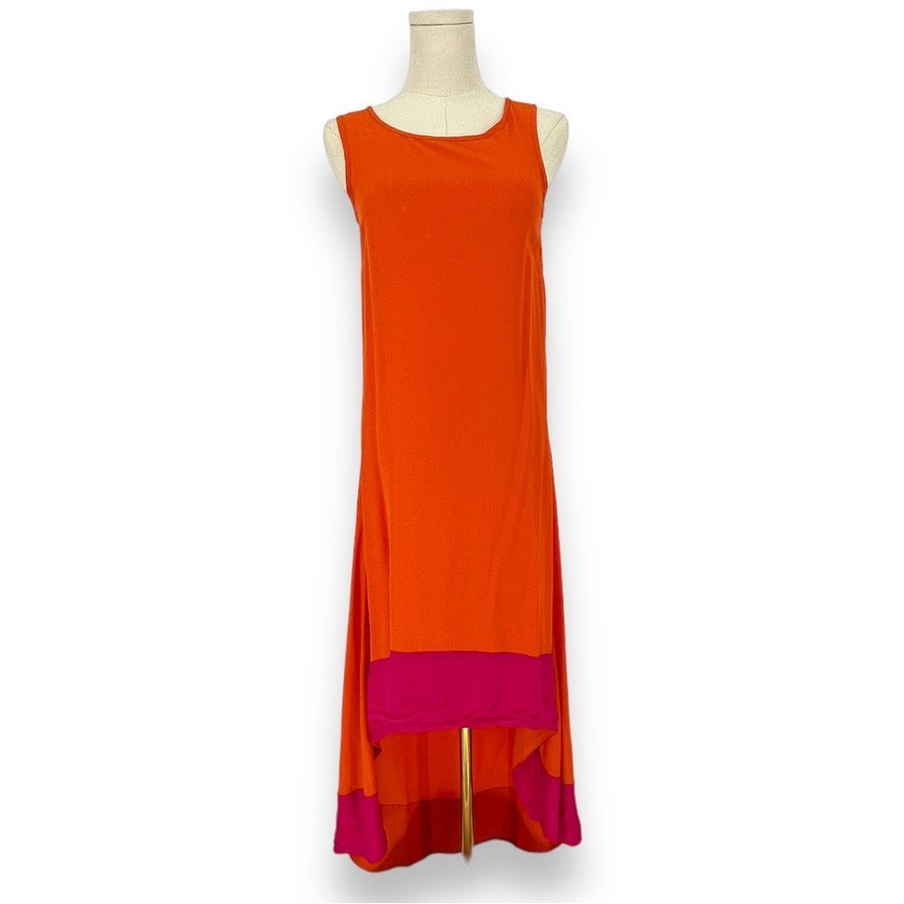 Sea & Lily Color Block Silk Maxi Dress High Low Hem Orange Pink XS Summer Bright